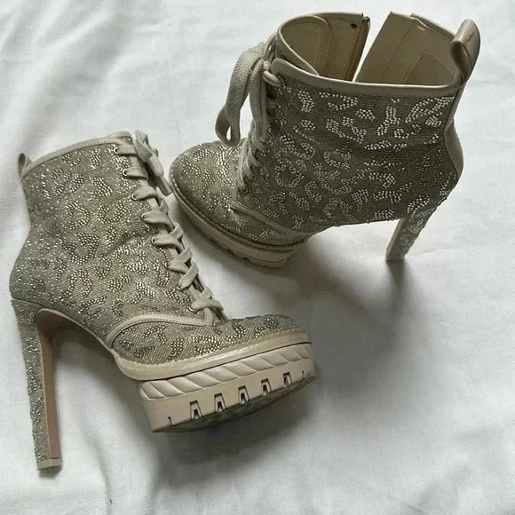 EUC GIANNI BINI HALLAND GLITZY EMBELLISHED LEOPARD PLATFORM HEELED BOOTIES - Picture 9 of 13